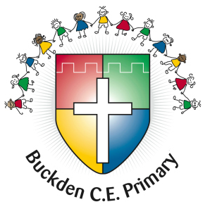 logo of Buckden C. E. primary, shield in blue, yellow, red and free quarters with white cross, children holding hands