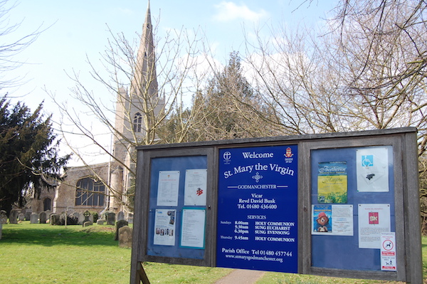 Notice board and Welcome to St Mary's the Virgin church in Godmanchester