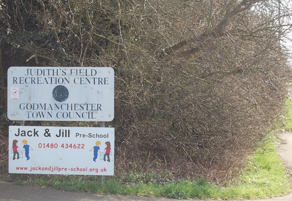 Sign for Jack & Jill Pre school at Judiths Field recreation centre by Godmanchester Town Council
