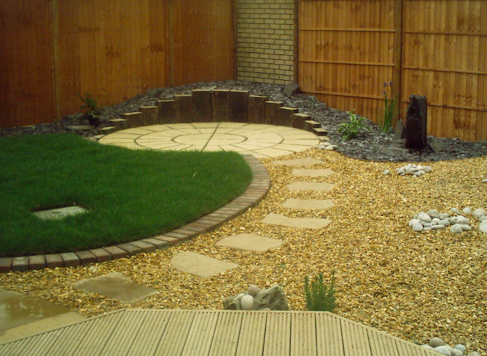 Landscaped garden, with sections of grass, pebbles and decking